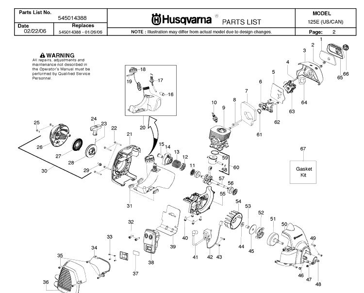 Engine Diagram and Parts List for 125E 20061100001-20082299999 Husqvarna Edger