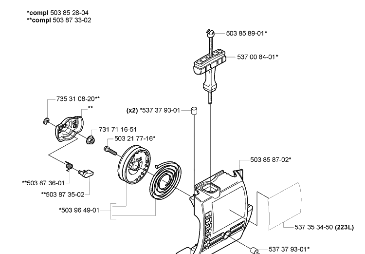 Starter Assembly Diagram and Parts List for 223L 2005-04 Husqvarna Trimmer