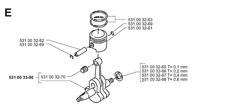 Piston And Crankshaft Diagram and Parts List for 141B 19974000001-20041399999 Husqvarna Leaf Blower / Vacuum