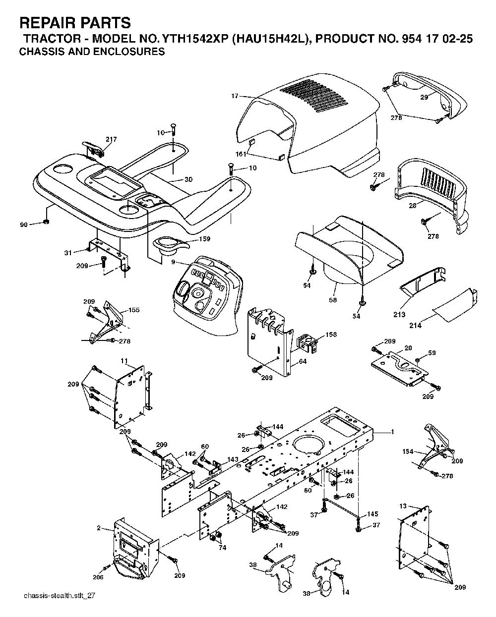 Chassis And Enclosures Diagram and Parts List for YTH1542XP (HAU15H42L, 954170225)(2005-05) Husqvarna Lawn Tractor
