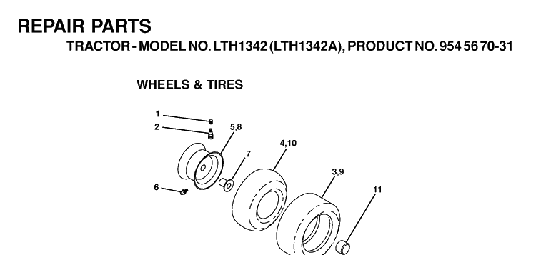 Wheels And Tires Diagram and Parts List for LTH1342-LTH1342A 2000-12 Husqvarna Lawn Tractor
