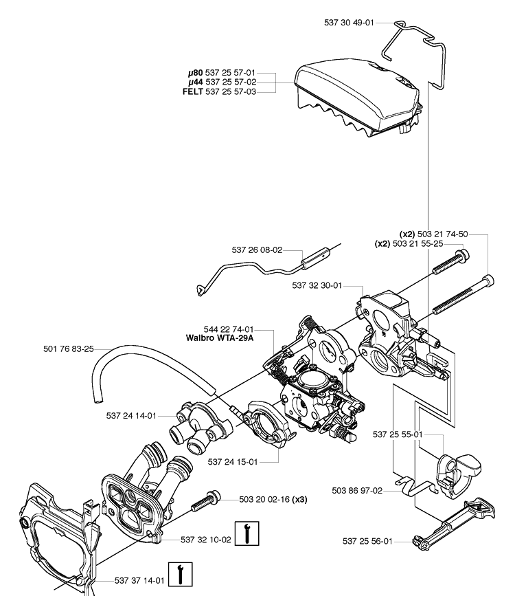 Air Filter / Carburetor Diagram and Parts List for 455E (Rancher)(2006-06) Husqvarna Chainsaw