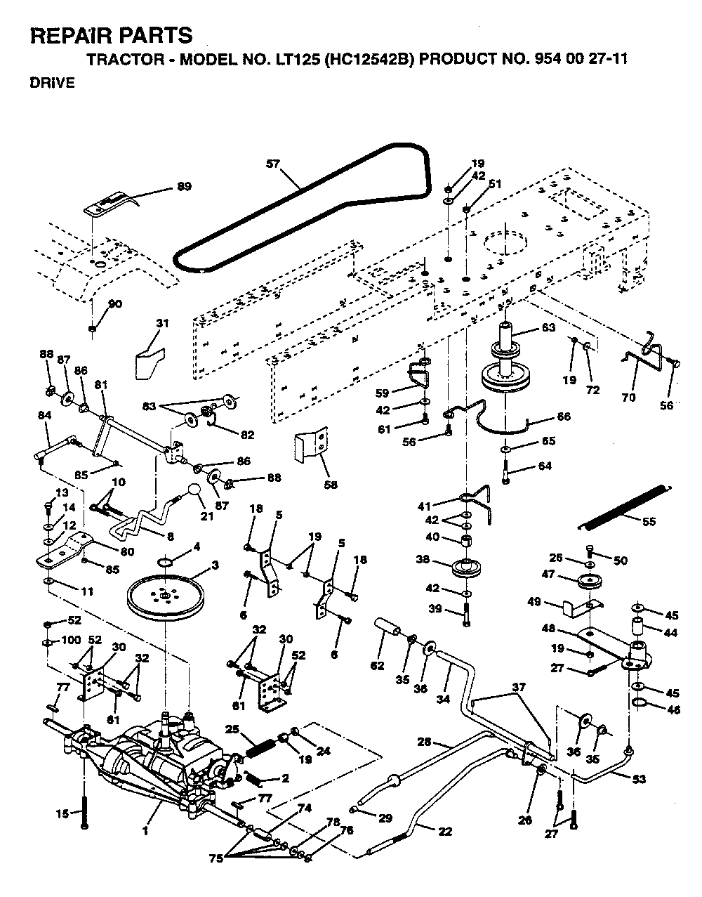Drive Diagram and Parts List for LT125 (HC12542B, 954002711)(1995-01) Husqvarna Lawn Tractor