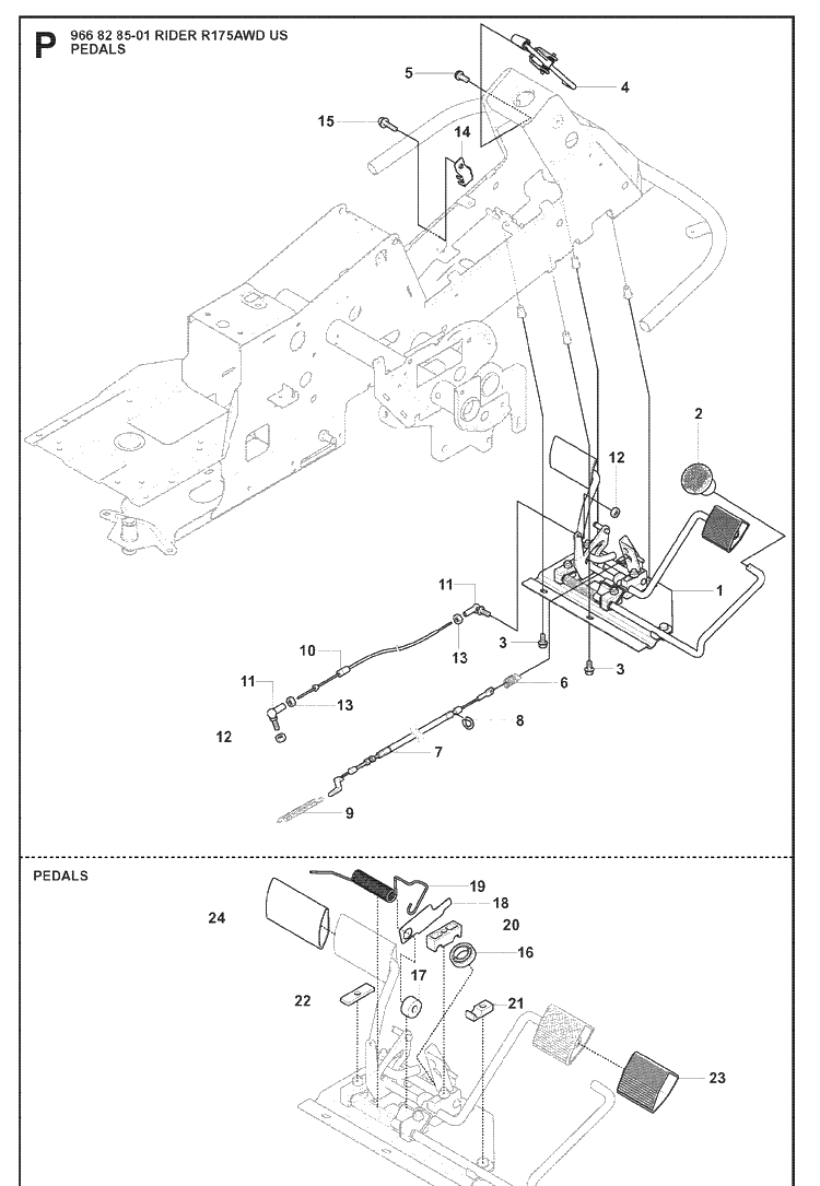 Pedals Diagram and Parts List for RIDER175 (966828501)(2008-05) Husqvarna Lawn Mower