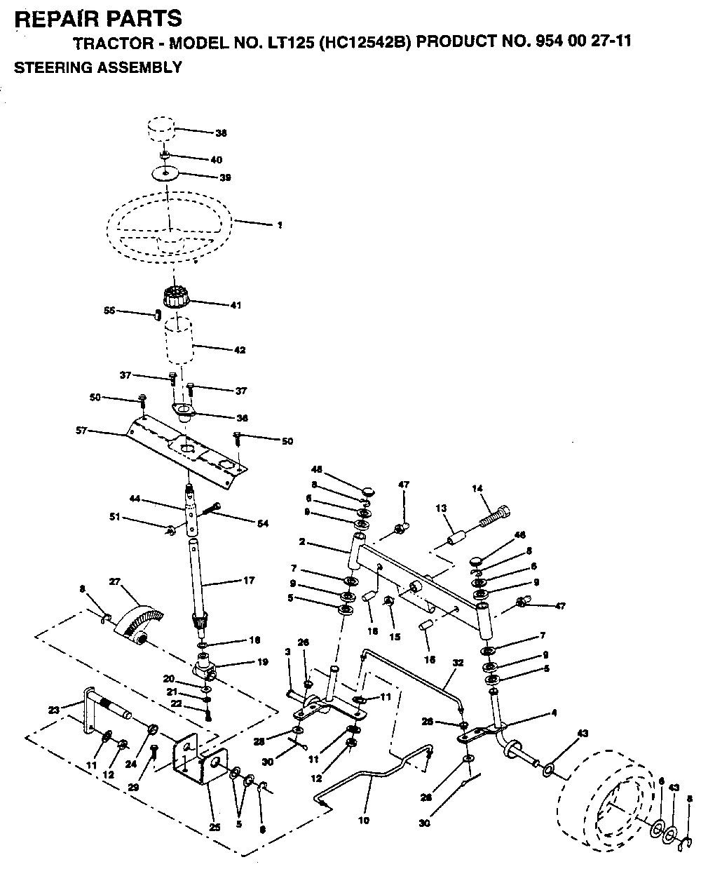 Steering Diagram and Parts List for LT125 (HC12542B, 954002711)(1995-01) Husqvarna Lawn Tractor