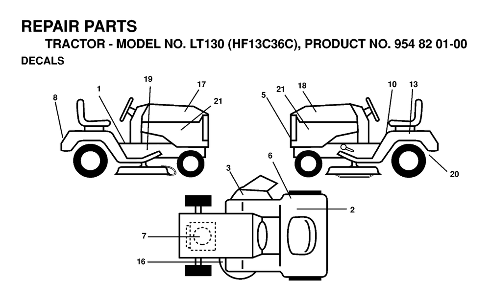 Decals Diagram and Parts List for LT130 (954820100-C)(1998-12) Husqvarna Lawn Tractor
