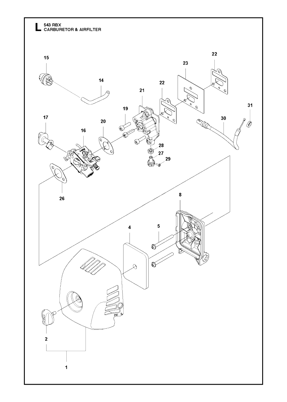 Carburetor And Air Filter Diagram and Parts List for 543RBX 20130500001 - 20154400000 Husqvarna Brush Cutter
