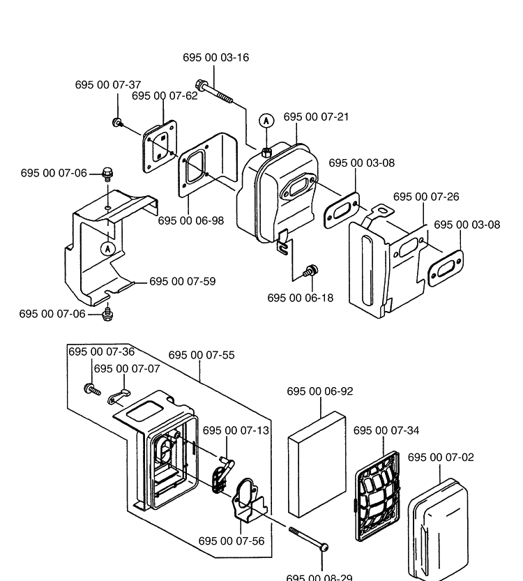 Muffler And Air Filter Diagram and Parts List for 145BT (Carb II)(2001-04) Husqvarna Leaf Blower / Vacuum