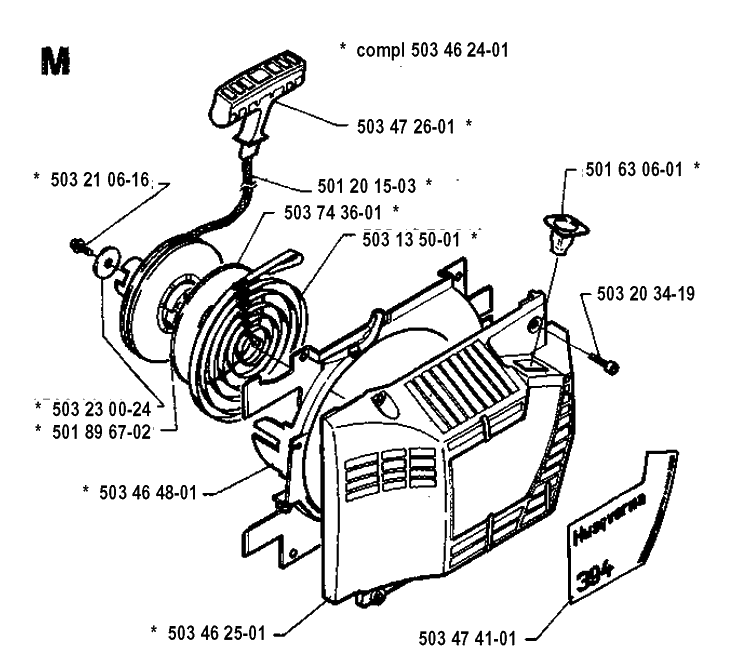 Starter Diagram and Parts List for 394XP 19940100001-19960100000 Husqvarna Chainsaw