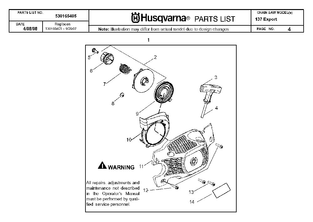 Starter Diagram and Parts List for 137 20082200001 Husqvarna Chainsaw