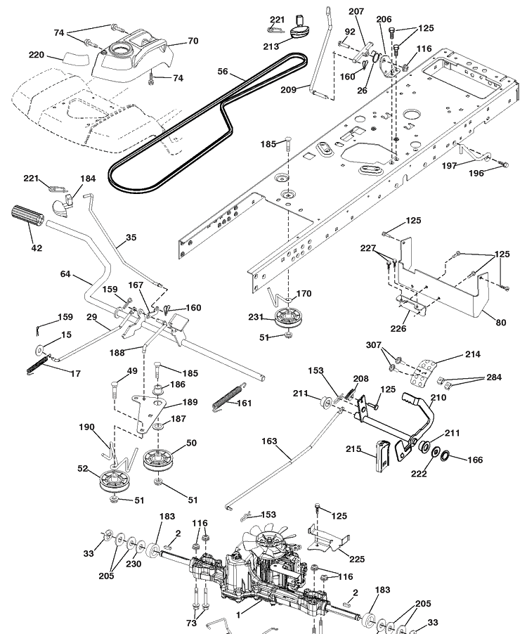 Drive Diagram and Parts List for YTH24V48LS (96043012901)(2011-08) Husqvarna Lawn Tractor