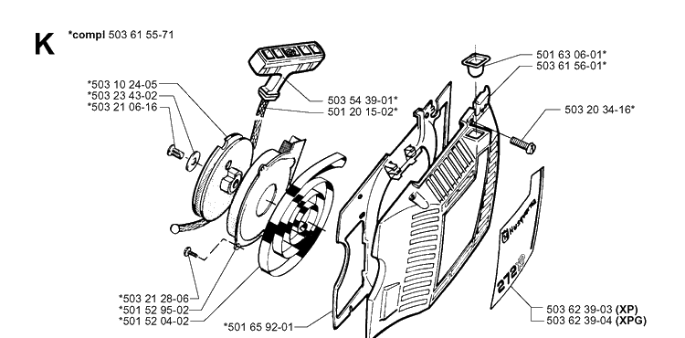 Starter Diagram and Parts List for 272XP 19994500001-20070100000 Husqvarna Chainsaw