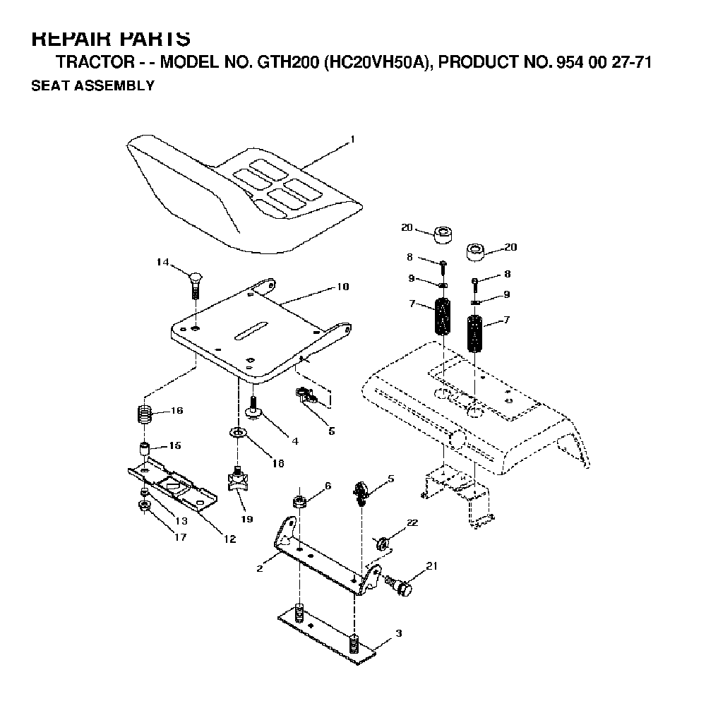Seat Diagram and Parts List for GTH200 (HC20VH50A, 954002771)(1996-04) Husqvarna Lawn Tractor