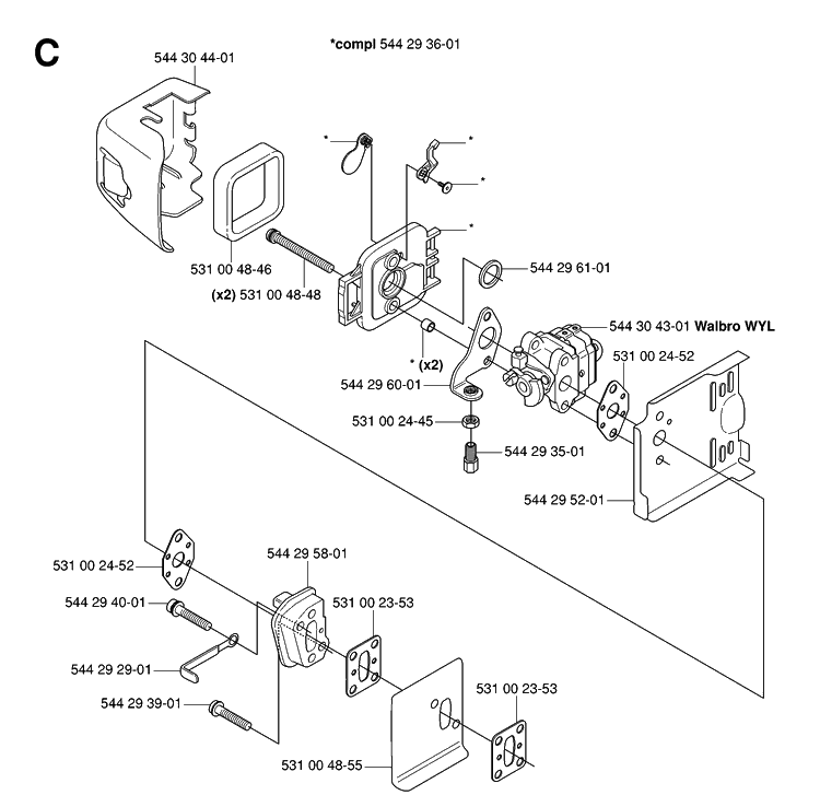 Carburetor And Air Filter Diagram and Parts List for 123HD60 20061000001-20070500000 Husqvarna Hedge Trimmer