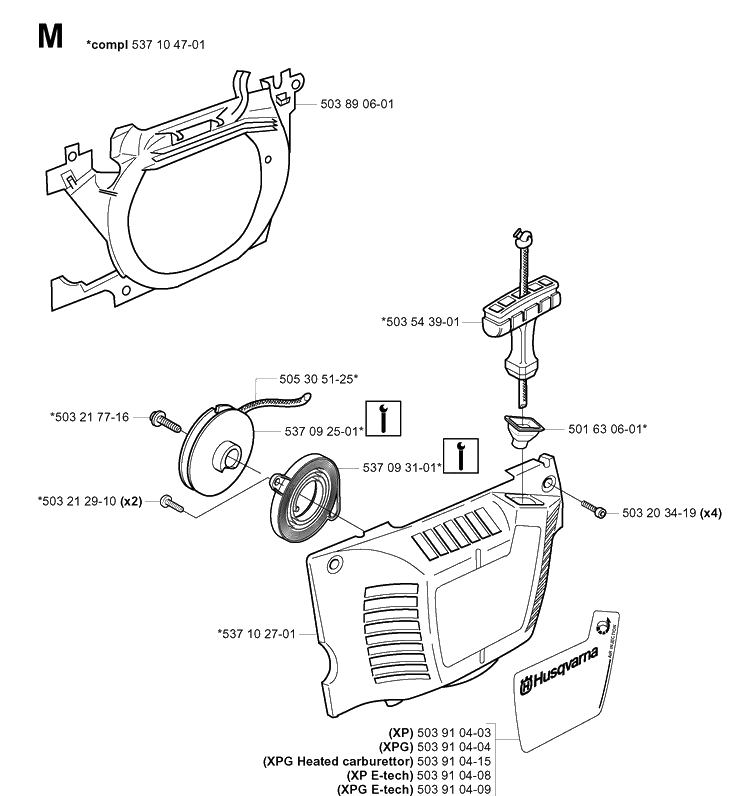 Starter Diagram and Parts List for 346XP 20012200001-20032200000 Husqvarna Chainsaw