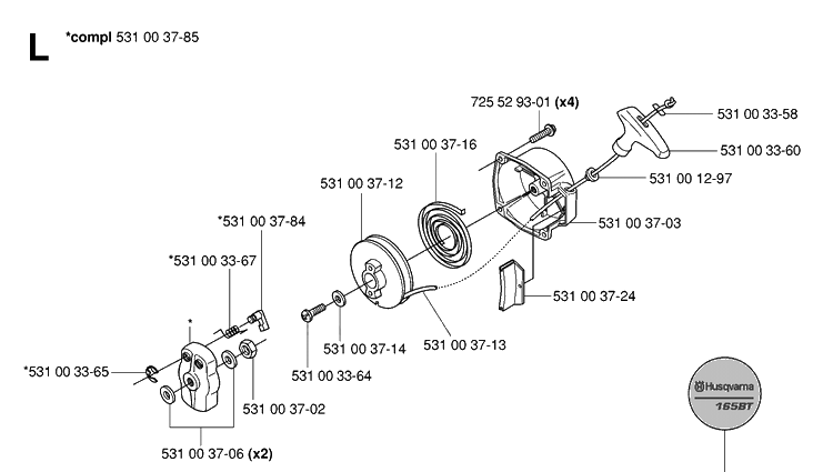 Starter Diagram and Parts List for 165BT 20053300001-Current Husqvarna Leaf Blower / Vacuum