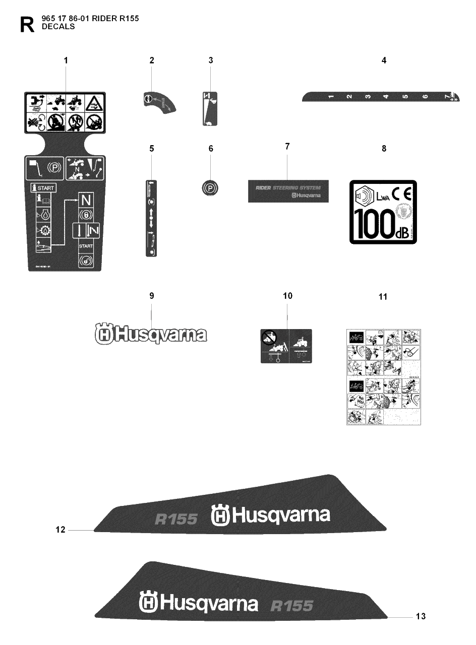 Decals Diagram and Parts List for R155 (965178601)(2007-03) Husqvarna Lawn Tractor
