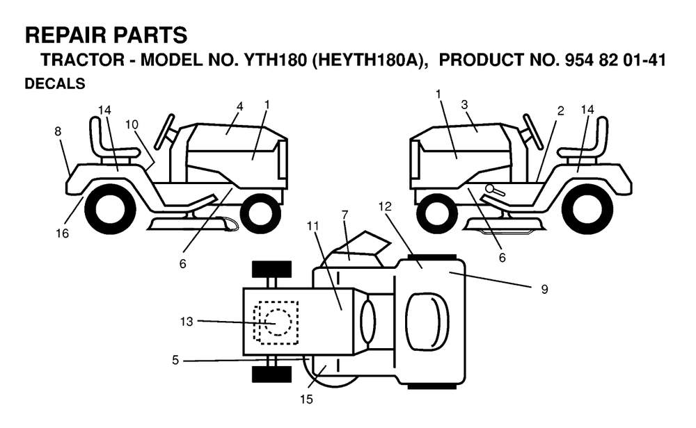 Decals Diagram and Parts List for YTH180 (954820141-A)(1998-12) Husqvarna Lawn Tractor