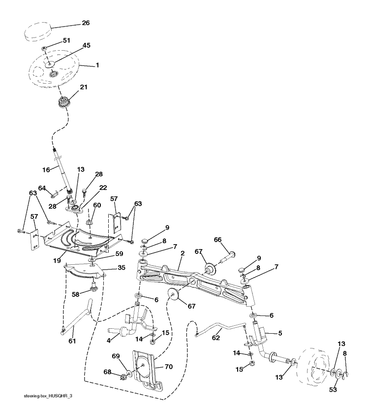 Steering Diagram and Parts List for YTH2042 (96043012101)(2010-12) Husqvarna Lawn Tractor