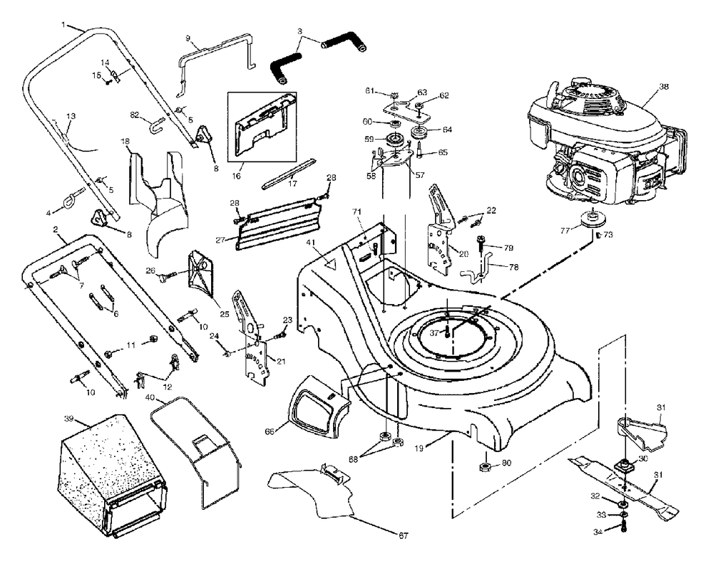 Handle And Deck Assembly Diagram and Parts List for 5521RS (954223470-A)(2003-09) Husqvarna Lawn Mower
