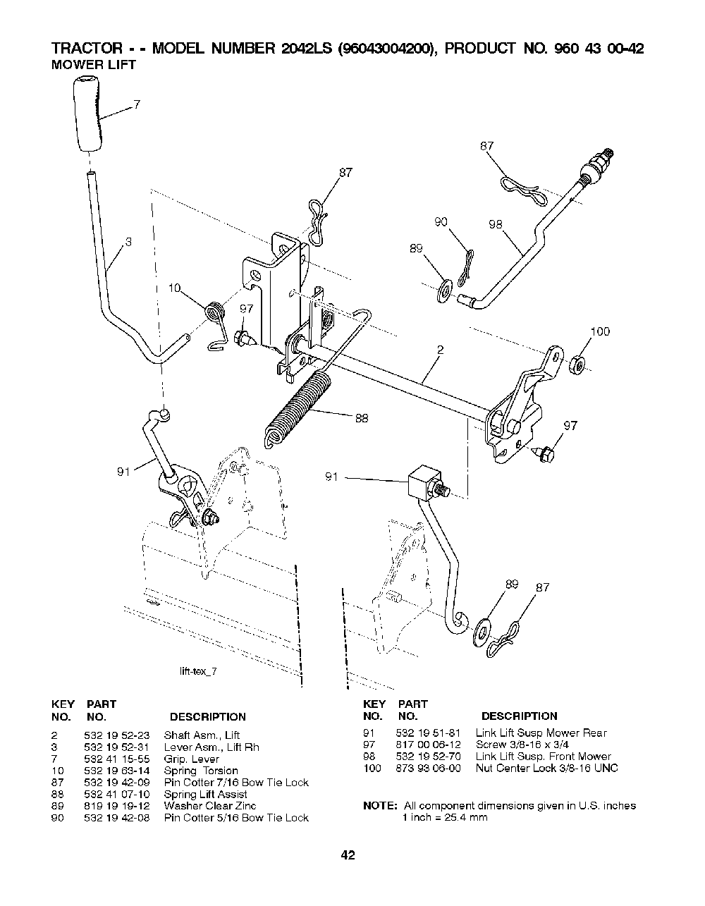 Mower Lift / Deck Lift Diagram and Parts List for 2042LS (96043004200)(2008-01) Husqvarna Lawn Tractor
