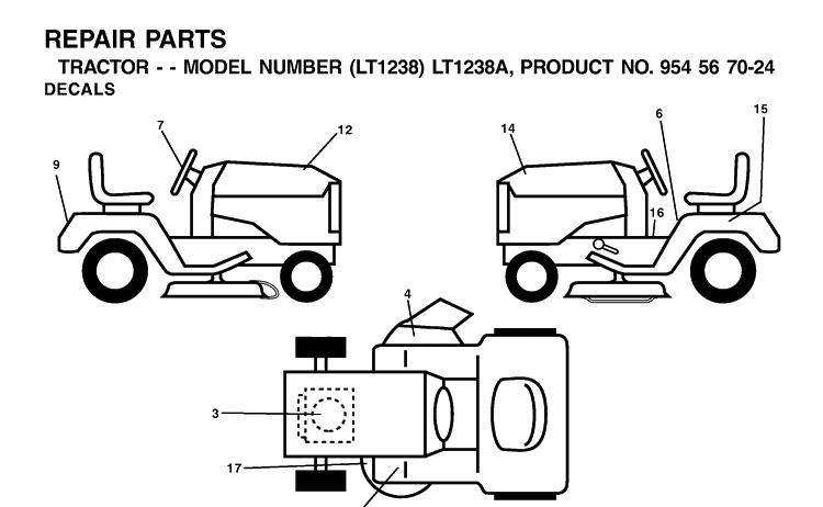 Decals Diagram and Parts List for LT1238-LT1238A 2000-10 Husqvarna Lawn Tractor