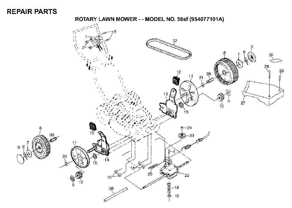 Repair Parts Diagram and Parts List for 56SF (954077101, 532702511)(1995-10) Husqvarna Lawn Mower