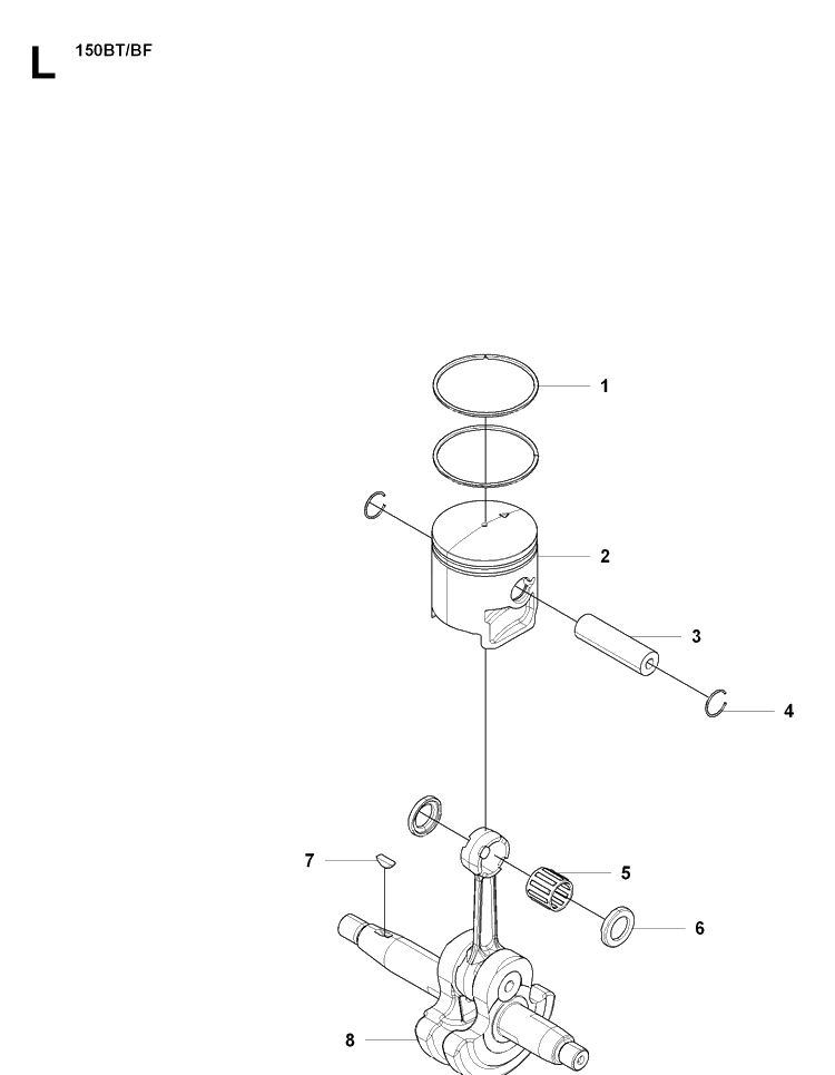Piston And Crankshaft Diagram and Parts List for 150BF 20071800001-20084000000 Husqvarna Leaf Blower / Vacuum