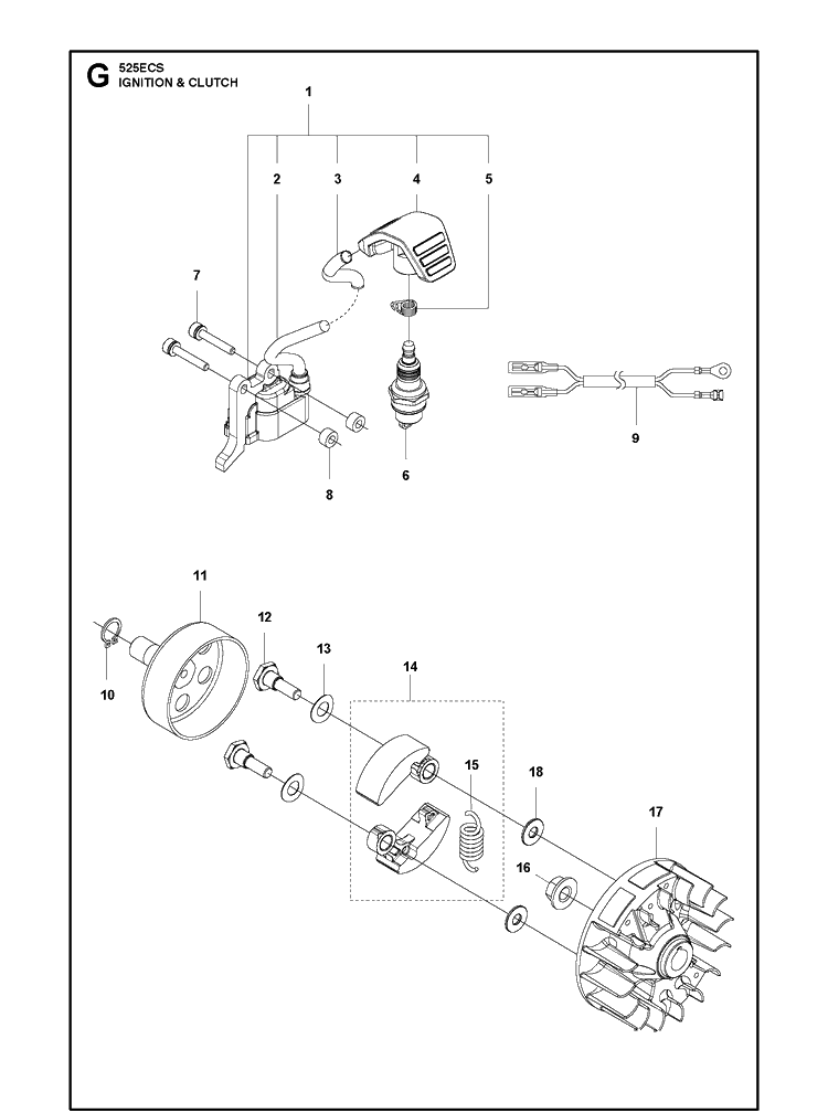 Ignition System And Clutch Diagram and Parts List for 525ECS  Husqvarna Edger