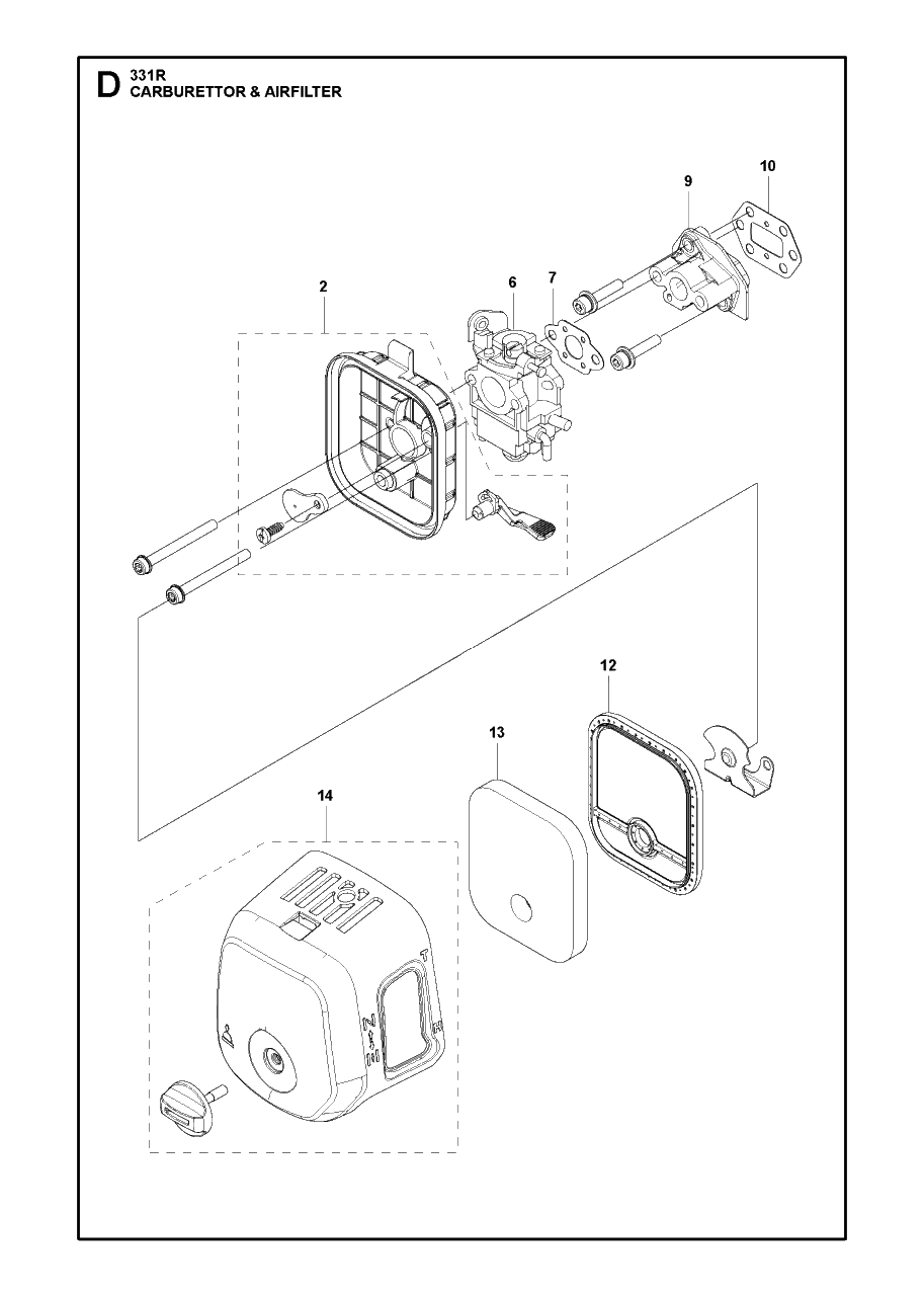 Carburetor And Air Filter Diagram and Parts List for 331R 20191400001 & Above Husqvarna Brush Cutter