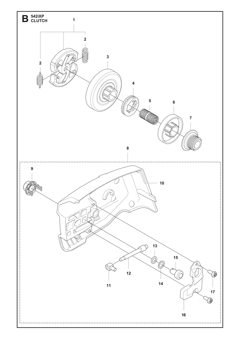 Clutch Diagram and Parts List for 542IXP  Husqvarna Chainsaw