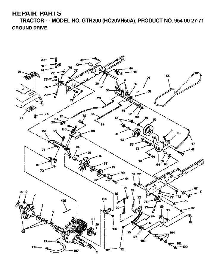 Drive Diagram and Parts List for GTH200 (HC20VH50A)(1996-04) Husqvarna Lawn Tractor