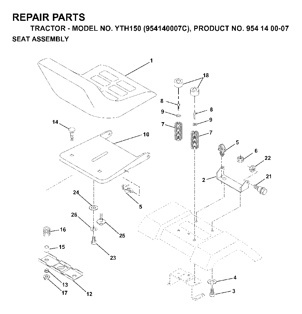 Seat Diagram and Parts List for YTH150 (954140007C, 954140007)(1997-01) Husqvarna Lawn Tractor