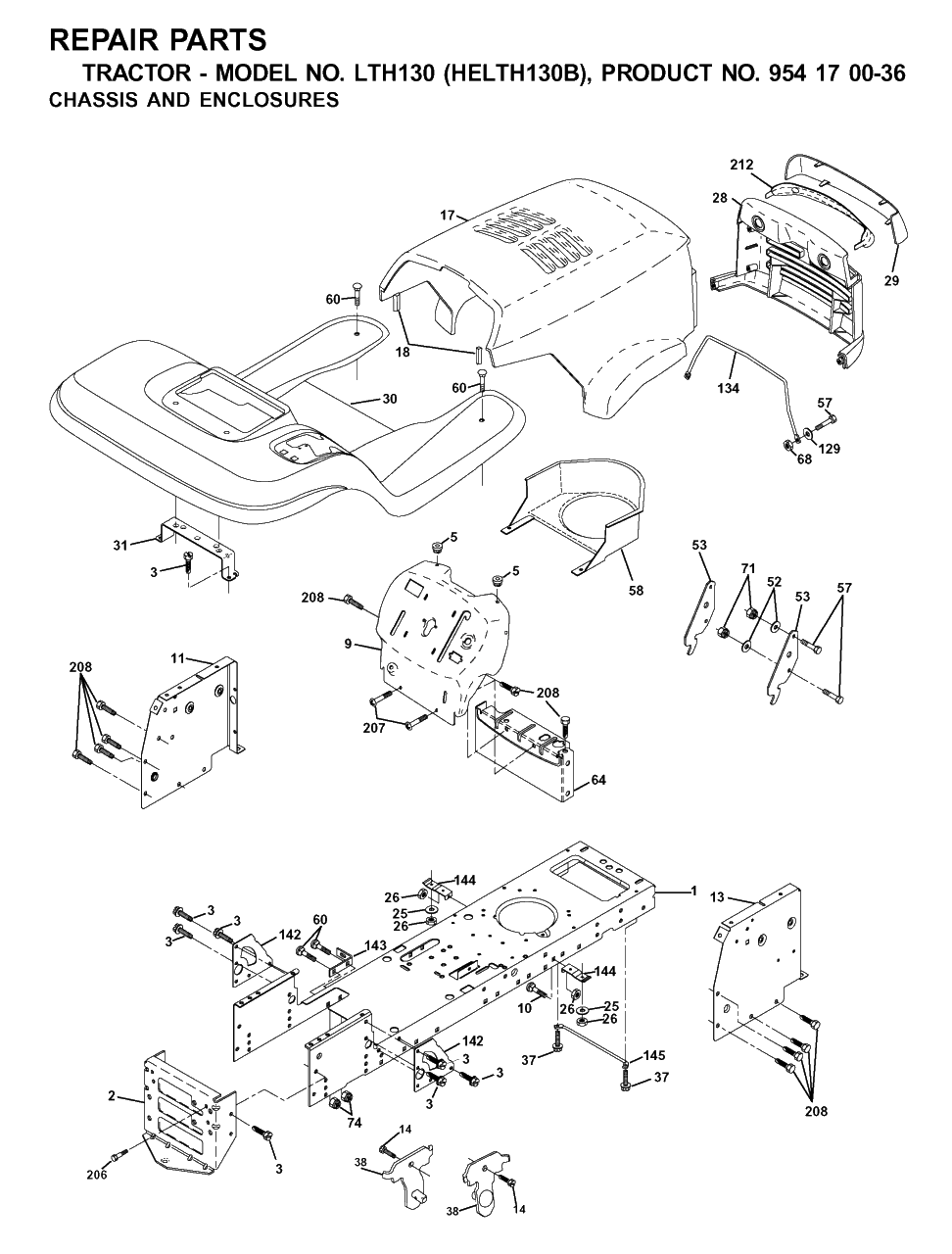 Chassis And Enclosures Diagram and Parts List for LTH130 (954170036-B)(2001-09) Husqvarna Lawn Tractor