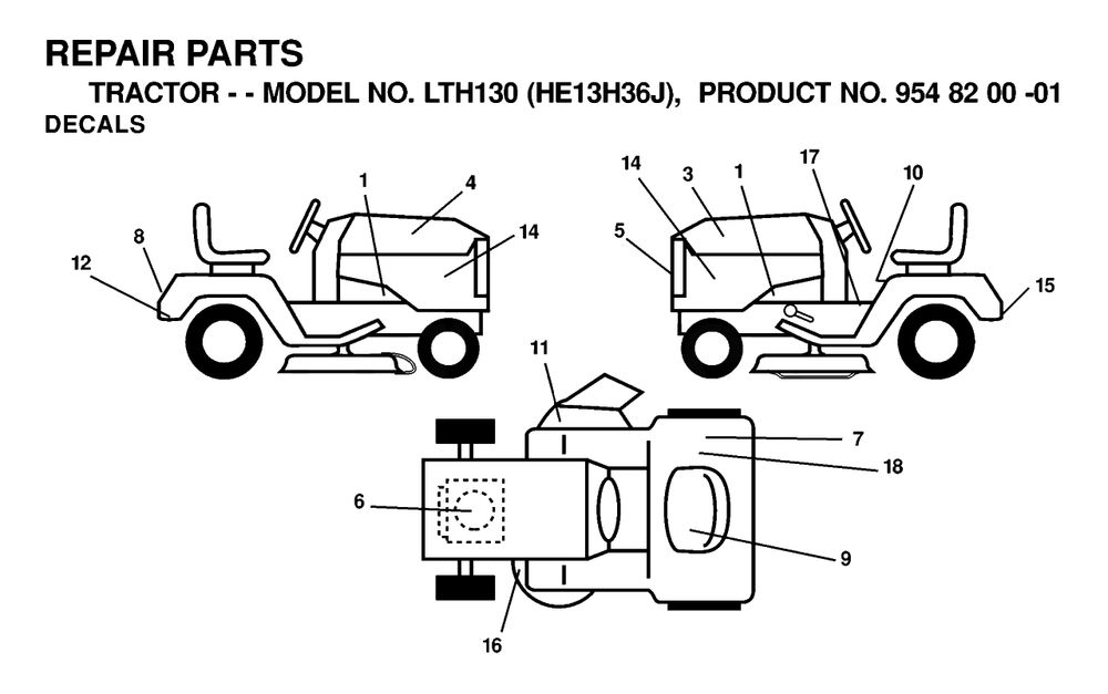 Decals Diagram and Parts List for LTH130 (954820001-J)(2000-03) Husqvarna Lawn Tractor