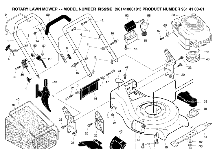 Frame And Engine Diagram and Parts List for R52SE (96141006101)(2006-05) Husqvarna Lawn Mower