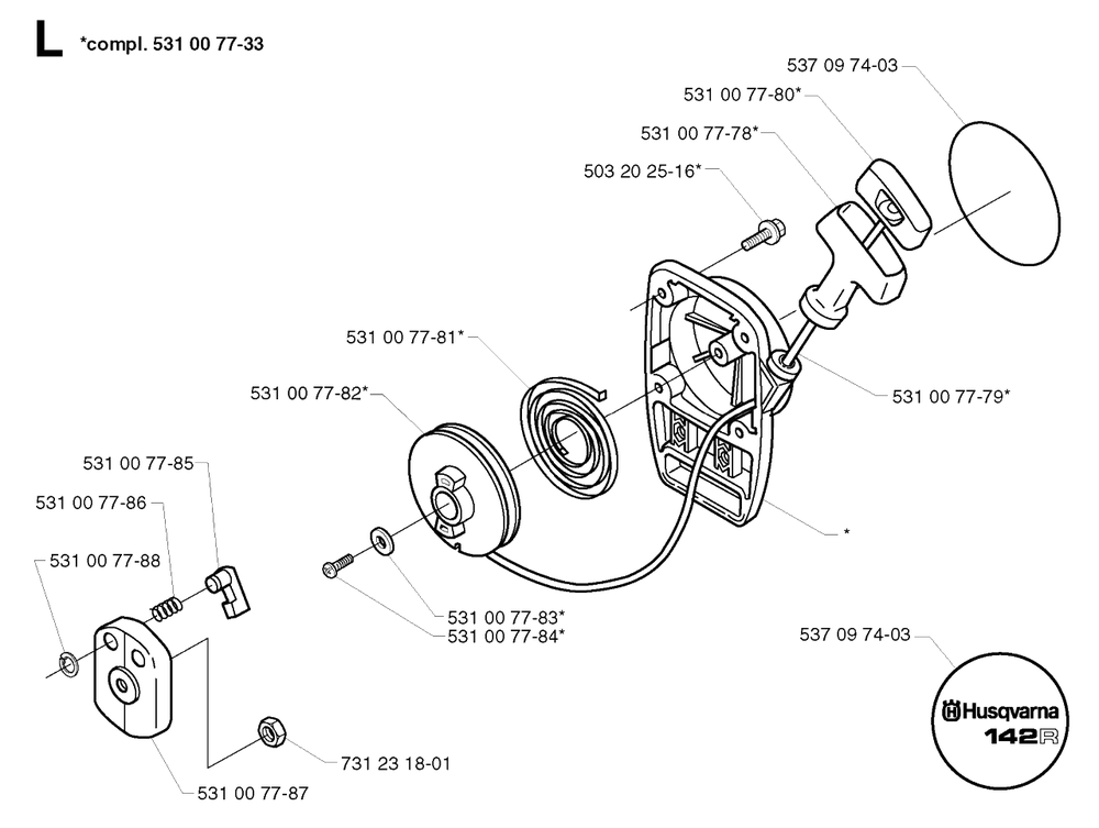 Starter Diagram and Parts List for 142R 20001900001 & Above Husqvarna Trimmer