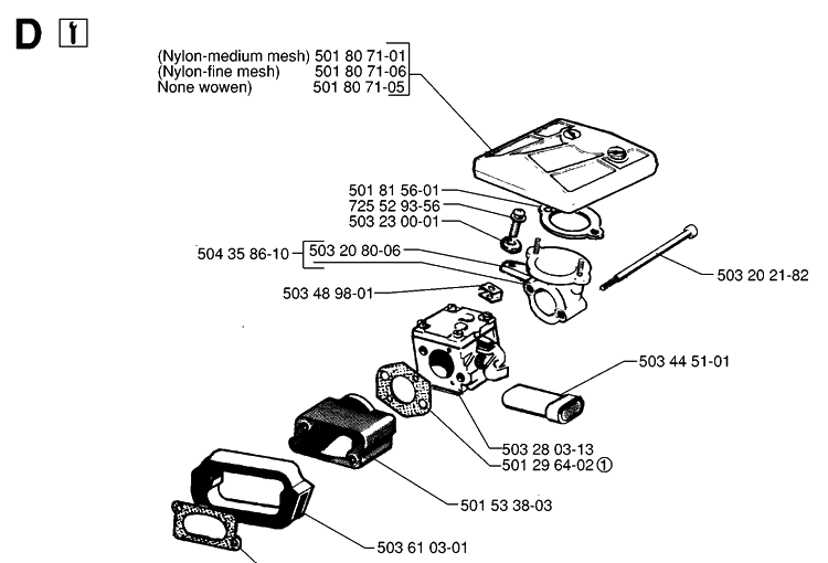Carburetor And Air Filter Diagram and Parts List for 61 19970100001-19993100000 Husqvarna Chainsaw
