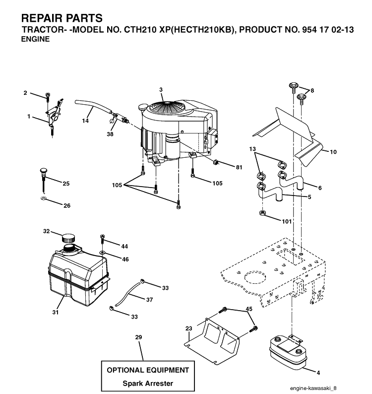 Engine Diagram and Parts List for CTH210XP (HECTH210KB)(2004-01) Husqvarna Lawn Tractor