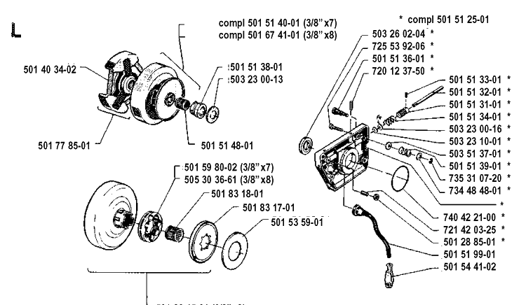 Clutch And Oil Pump Diagram and Parts List for 61 19910900001-19933600000 Husqvarna Chainsaw
