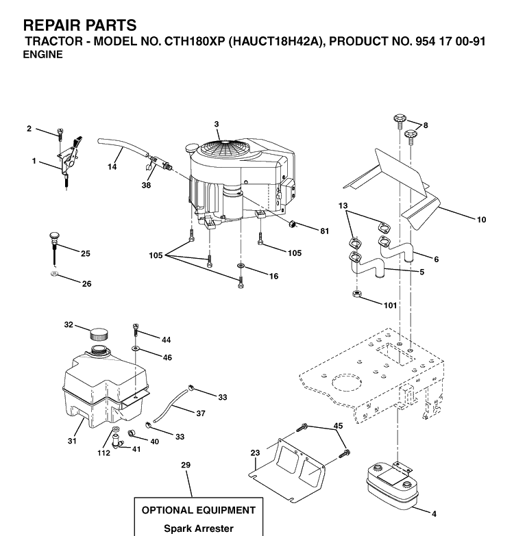 Engine And Cutting Equipment Diagram and Parts List for CTH180XP (HAUCT18H42A)(2003-01) Husqvarna Lawn Tractor