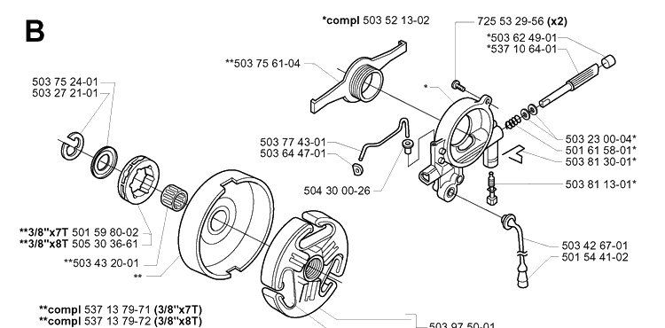 Clutch And Oil Pump Diagram and Parts List for 385XP 20011300001-20034000000 Husqvarna Chainsaw