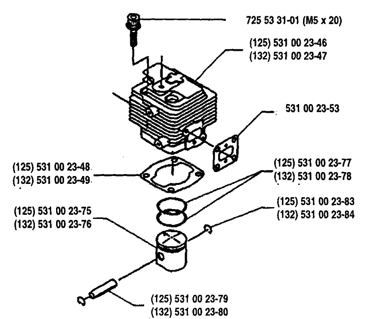 Piston/Cylinder Diagram and Parts List for 125L 1993-04 Husqvarna Trimmer
