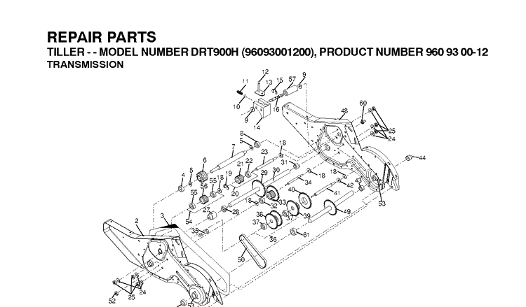 Transmission Diagram and Parts List for DRT900H (96093001201)(2010-10) Husqvarna Cultivator
