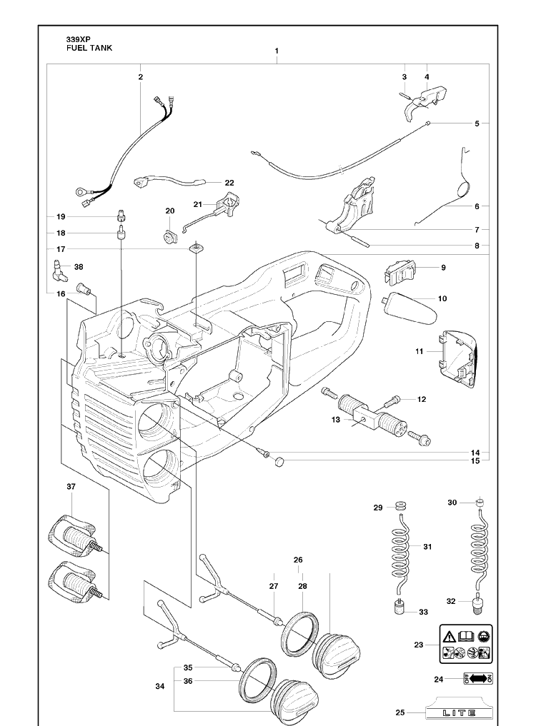 Fuel Tank Diagram and Parts List for 339XP 2010-02 Husqvarna Chainsaw