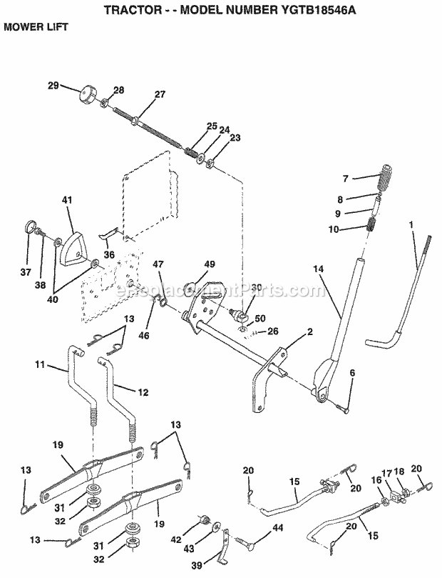 Mower Lift Diagram and Parts List for YGTB18546A 1999 Husqvarna Lawn Tractor