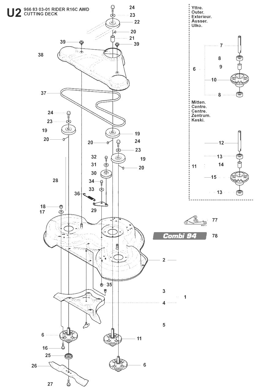 Mower Deck / Cutting Deck 2 Diagram and Parts List for R16CAWD (966830301)(2008-04) Husqvarna Lawn Tractor