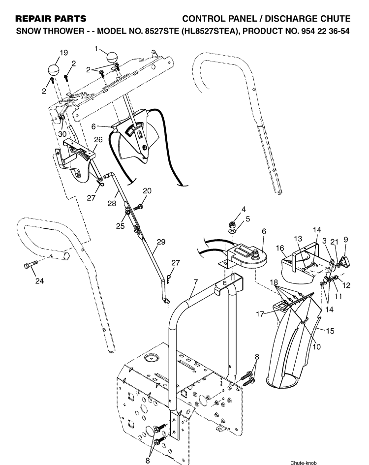Control Panel And Discharge Chute Diagram and Parts List for 8527STE (HL8527STEA)(2004-03) Husqvarna Snow Blower