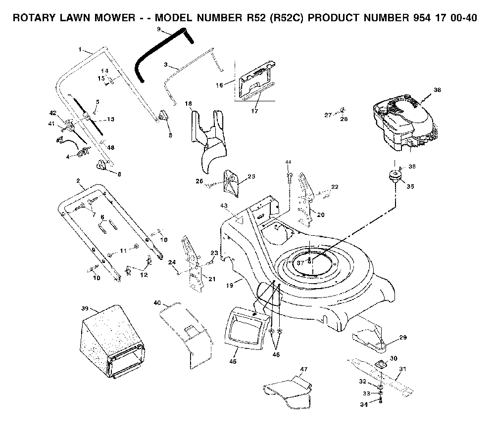 Frame And Engine Diagram and Parts List for R52C (954170040)(2002-06) Husqvarna Lawn Mower