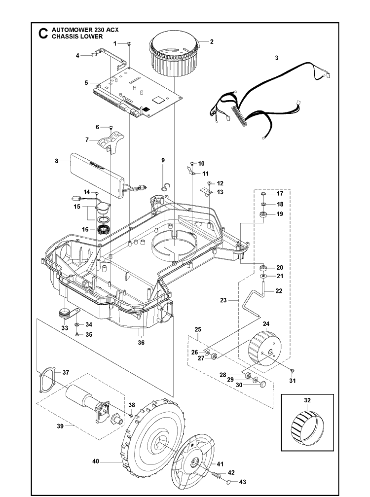 Chassis Lower Diagram and Parts List for 230ACX 2013-01 Husqvarna Lawn Mower